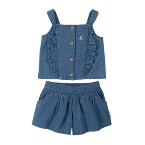 Calvin Klein Little Girls Denim Ruffle Trim Top and Flare Shorts Set